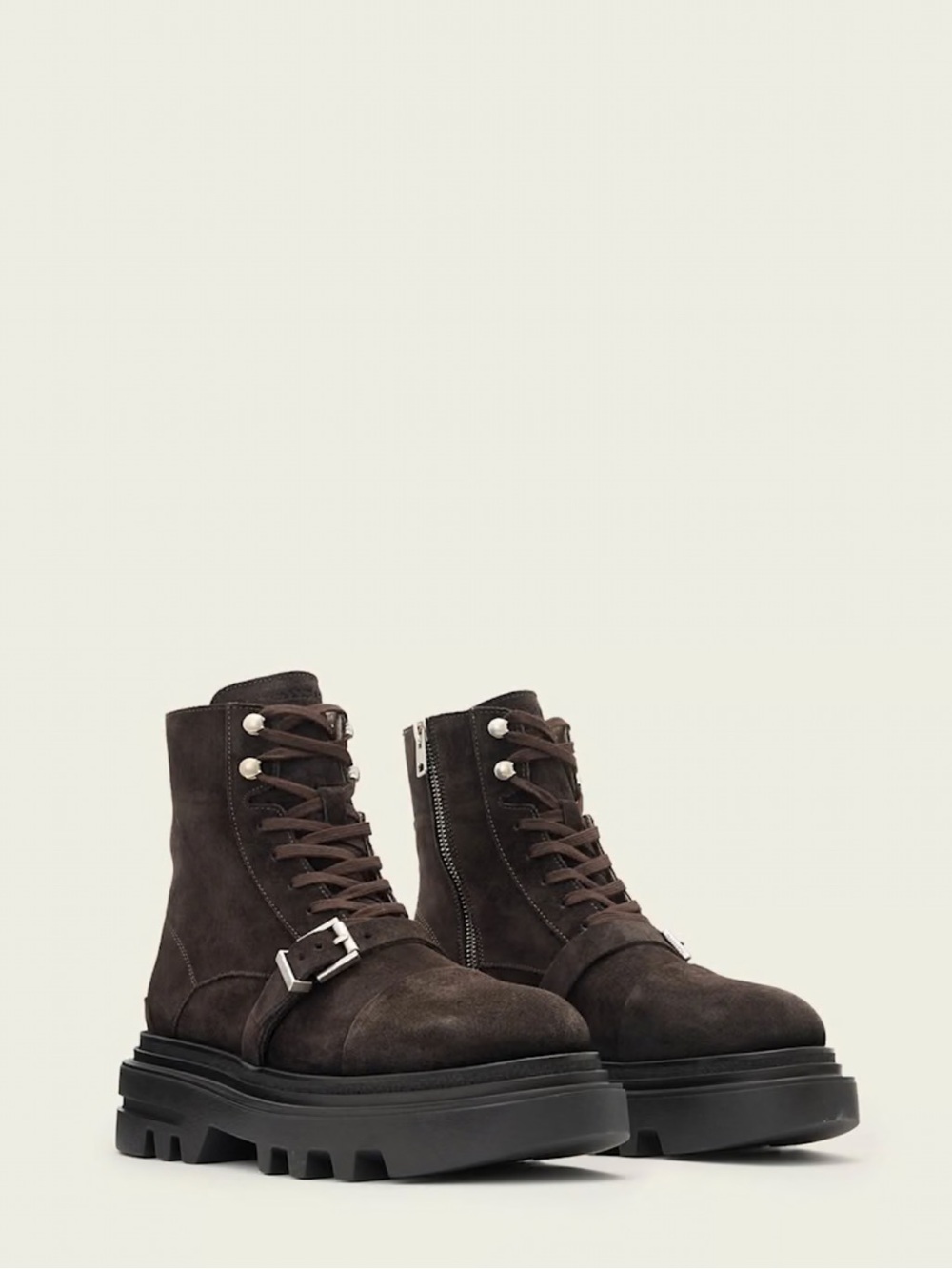 AllSaints Astrid Lugged Suede Boots in Bitter Brown